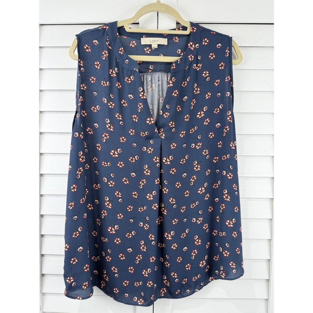LOFT Blouse XXL Blue Floral Sleeveless V-Neck Mixed Media Shell
